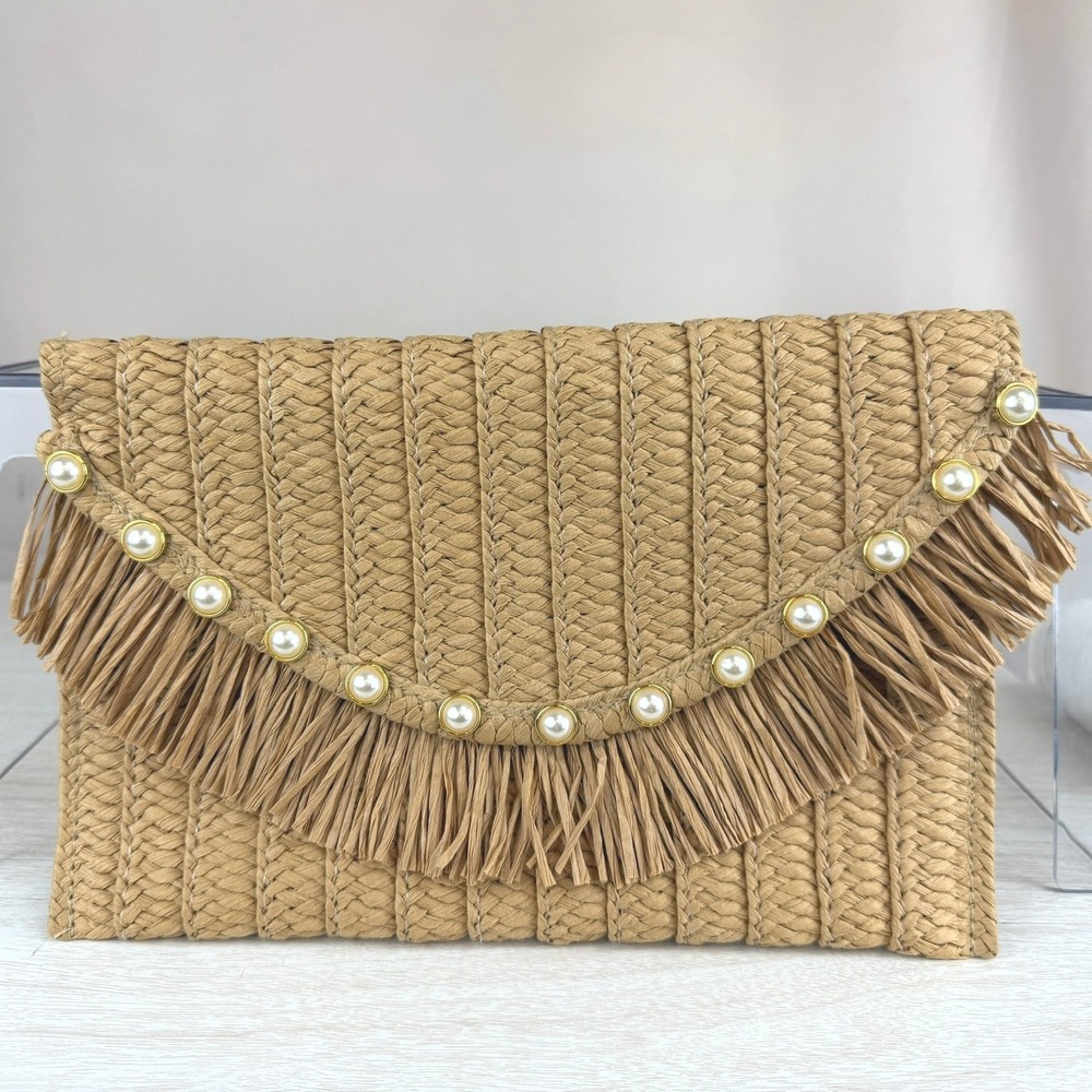 SOL & MER Straw Clutch|Faux Pearl Gold Tone 10.5"x7" Cruise Resort Vacation Boho